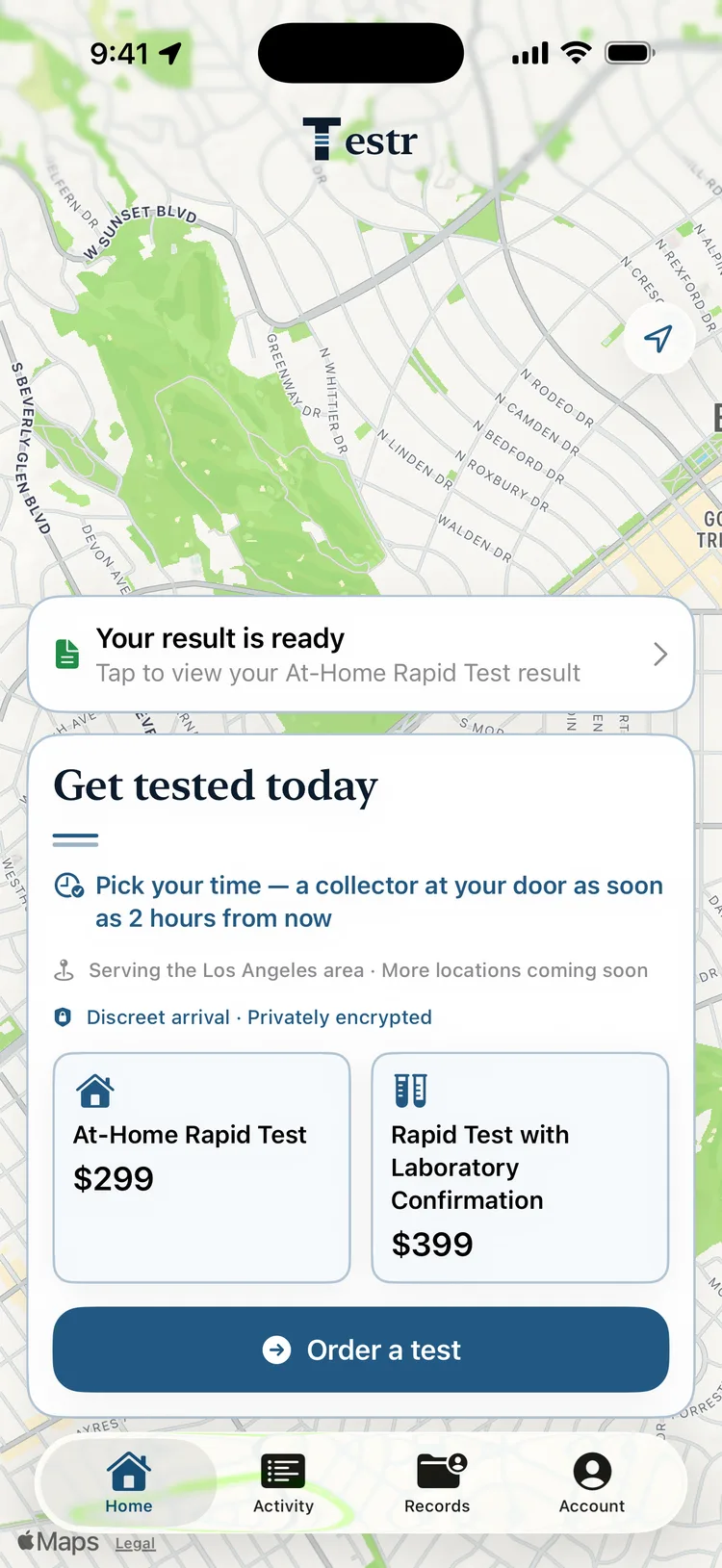The Testr home screen: a live Los Angeles map with your order in progress