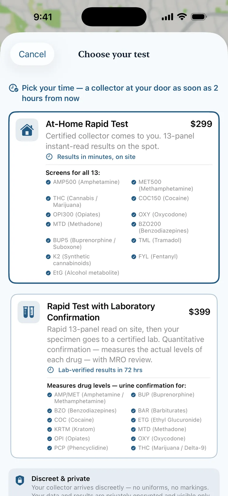The Testr ordering screen with both tests and all 13 panels listed