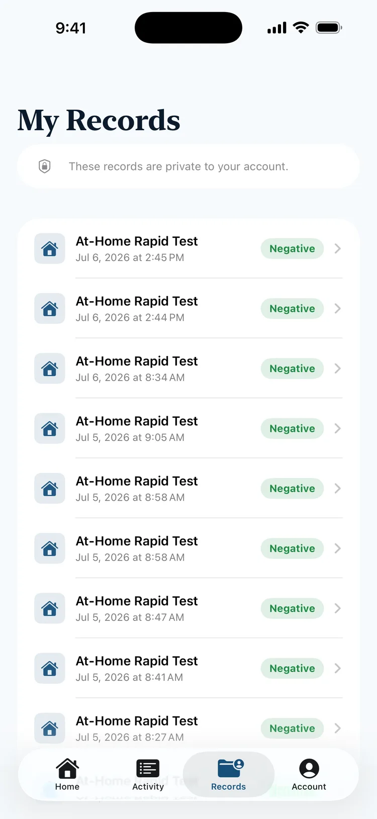 The Testr records screen listing certified test records with outcomes