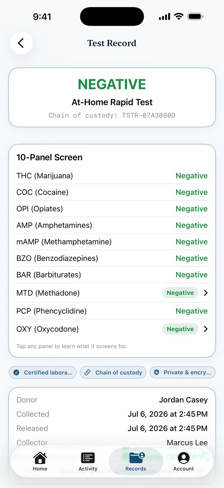 A Testr test record showing a negative result with every panel named