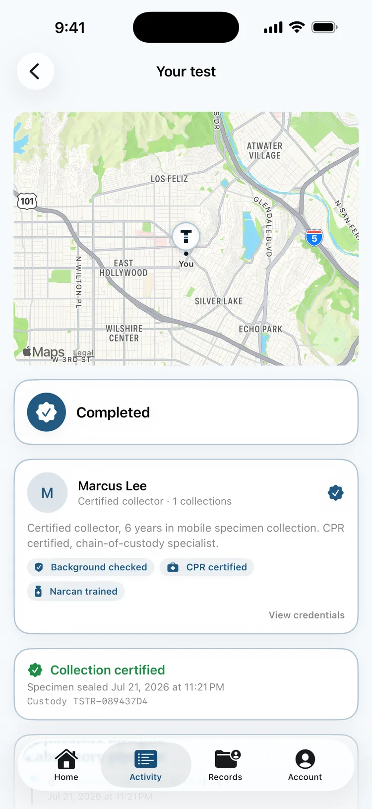 The Testr app tracking a collector live: map, verified credentials, and visit timeline
